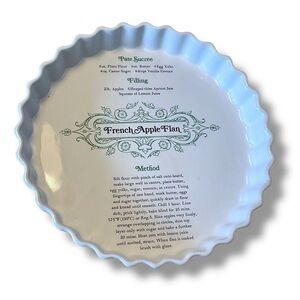Vintage Recipe Pie Plate French Apple Flan White Ceramic Baking Pan Bakeware‎